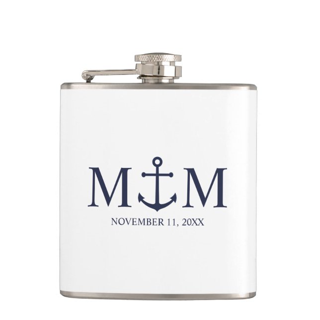 Nautical Navy Blue Anchor Wedding Hip Flask (Front)