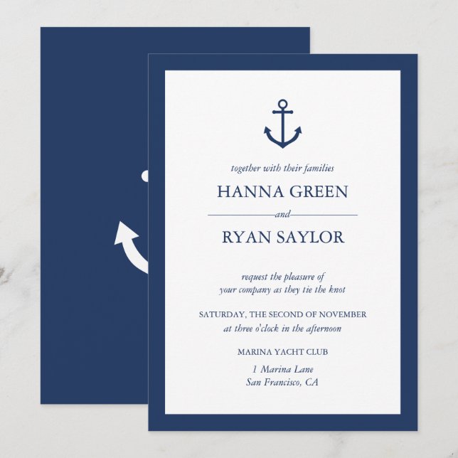 Nautical Navy Blue Anchor Wedding Invitation (Front/Back)
