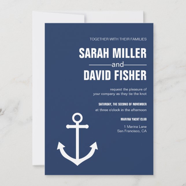 Nautical Navy Blue Anchor Wedding Invitation (Front)