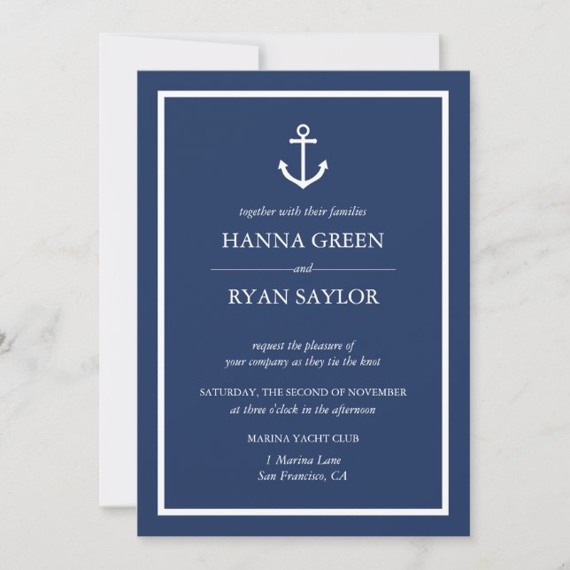 Nautical Navy Blue Anchor Wedding Invitation (Front)