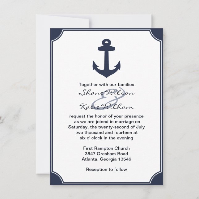 Nautical Navy Blue Anchor Wedding Invitation (Front)