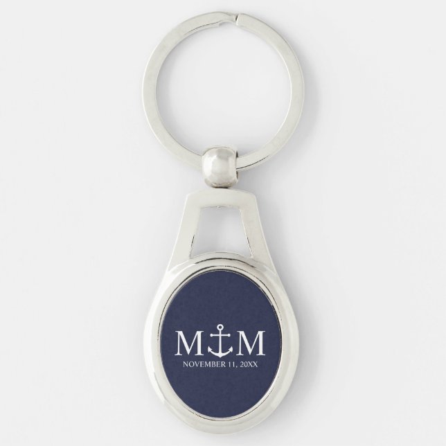 Nautical Navy Blue Anchor Wedding Key Ring (Front)