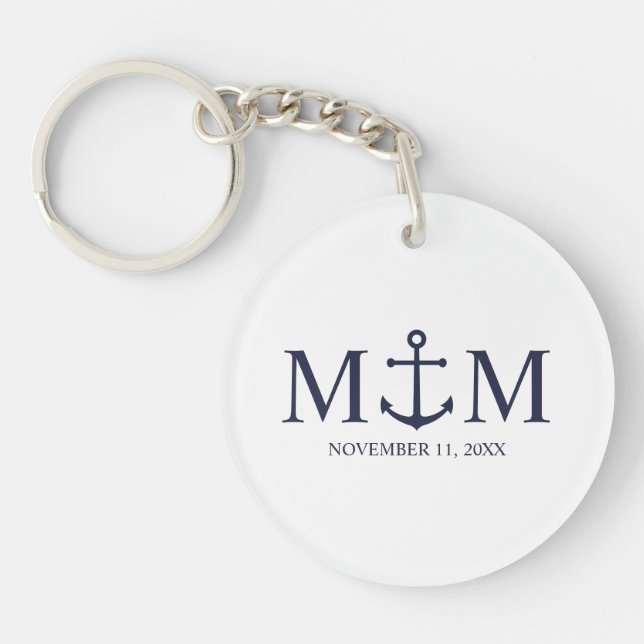 Nautical Navy Blue Anchor Wedding Key Ring (Front)