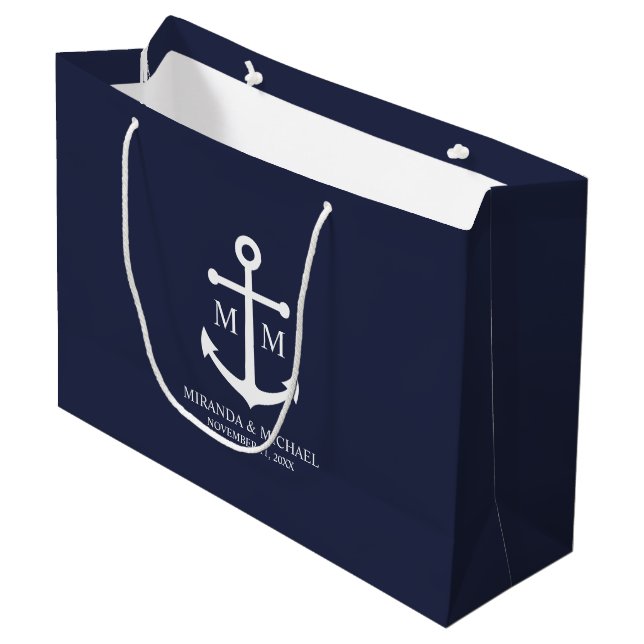 Nautical Navy Blue Anchor Wedding Large Gift Bag (Front Angled)