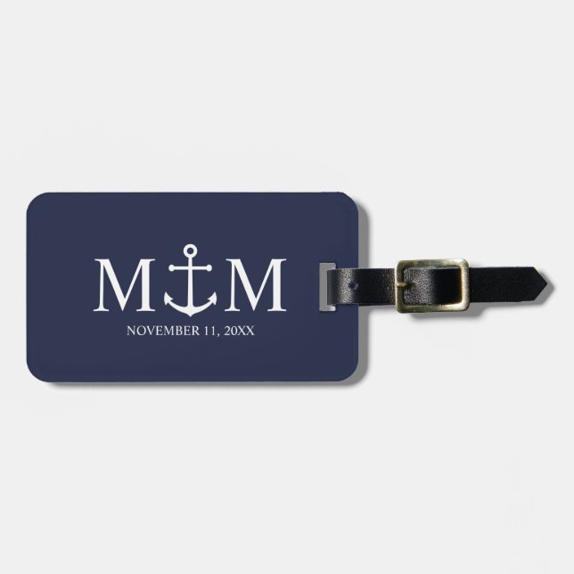 Nautical Navy Blue Anchor Wedding Luggage Tag (Front Horizontal)
