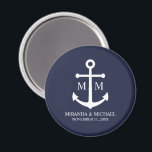 Nautical Navy Blue Anchor Wedding Magnet<br><div class="desc">Add a stylish touch to your nautical wedding with this classic navy blue anchor wedding favour. Designed with a white anchor illustration, it features personalised bride and groom monogram, name, and wedding date in a white serif font on a navy blue background. Perfect for nautical weddings, beach weddings and more....</div>