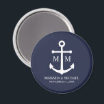 Nautical Navy Blue Anchor Wedding Magnet<br><div class="desc">Add a stylish touch to your nautical wedding with this classic navy blue anchor wedding favour. Designed with a white anchor illustration, it features personalised bride and groom monogram, name, and wedding date in a white serif font on a navy blue background. Perfect for nautical weddings, beach weddings and more....</div>