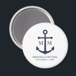 Nautical Navy Blue Anchor Wedding Magnet<br><div class="desc">Add a stylish touch to your nautical wedding with this classic navy blue anchor wedding favour. Designed with a navy blue anchor illustration, it features personalised bride and groom monogram, name, and wedding date in a navy blue serif font on a white background. Perfect for nautical weddings, beach weddings and...</div>