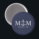 Nautical Navy Blue Anchor Wedding Magnet<br><div class="desc">Add a stylish touch to your nautical wedding with this classic navy blue anchor wedding favour. Designed with a white anchor illustration, it features personalised bride and groom monogram, name, and wedding date in a white serif font on a navy blue background. Perfect for nautical weddings, beach weddings and more....</div>