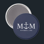 Nautical Navy Blue Anchor Wedding Magnet<br><div class="desc">Add a stylish touch to your nautical wedding with this classic navy blue anchor wedding favour. Designed with a white anchor illustration, it features personalised bride and groom monogram, name, and wedding date in a white serif font on a navy blue background. Perfect for nautical weddings, beach weddings and more....</div>
