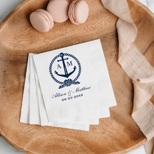 Nautical Navy Blue Anchor Wedding Monogram Napkin