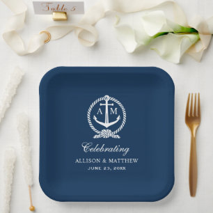 Nautical Navy Blue Anchor Wedding Monogram Paper Plate