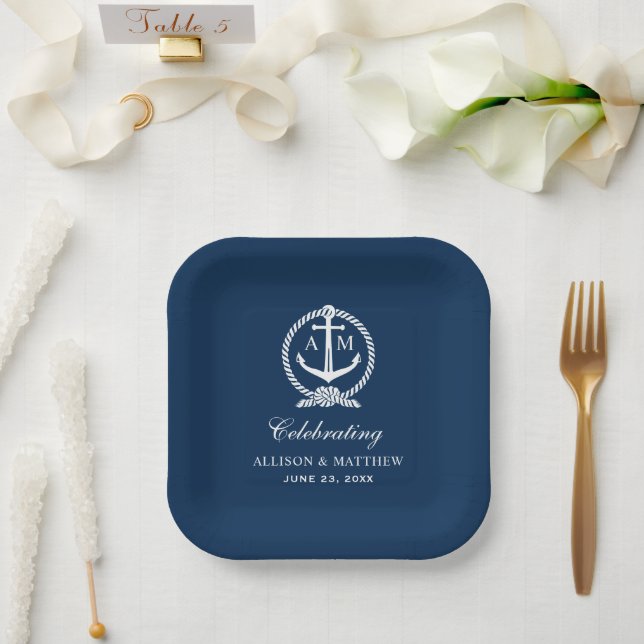 Nautical Navy Blue Anchor Wedding Monogram Paper Plate (Wedding)