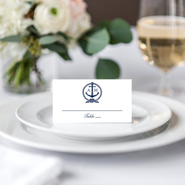 Nautical Navy Blue Anchor Wedding Monogram Place Card (Creator Uploaded)