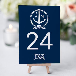Nautical Navy Blue Anchor Wedding Monogram Table Number