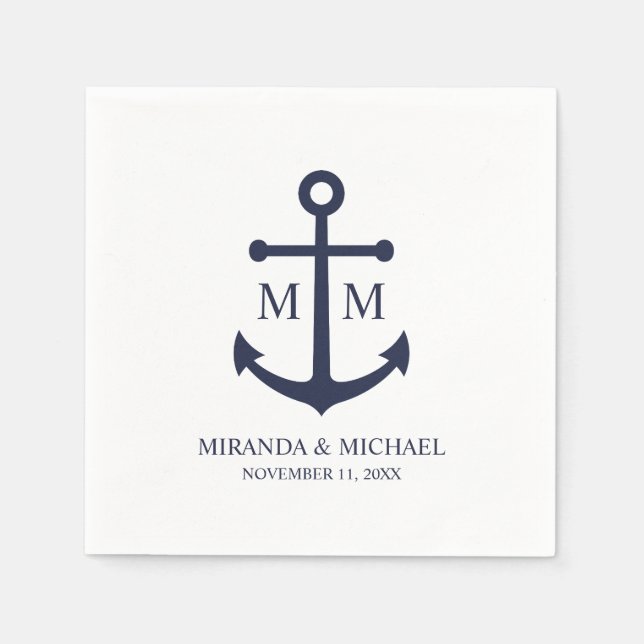 Nautical Navy Blue Anchor Wedding Napkin (Front)