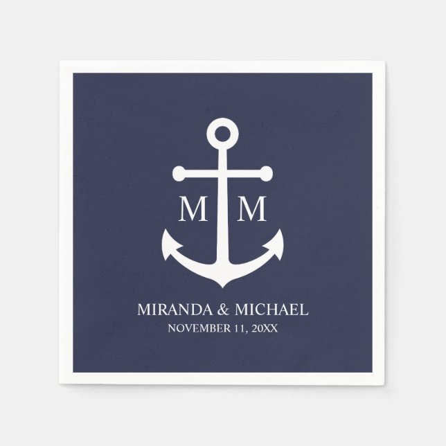 Nautical Navy Blue Anchor Wedding Napkin (Front)