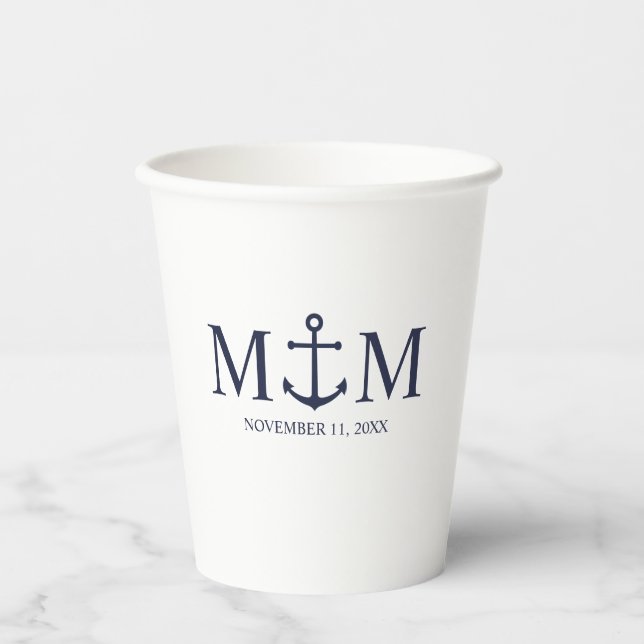 Nautical Navy Blue Anchor Wedding Paper Cups (Front)