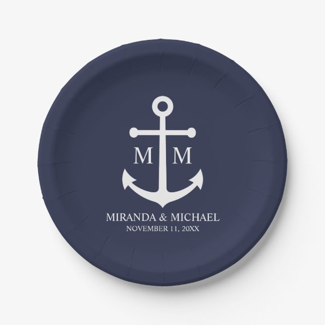 Nautical Navy Blue Anchor Wedding Paper Plate (Front)
