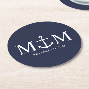 Nautical Navy Blue Anchor Wedding Round Paper Coas Coaster