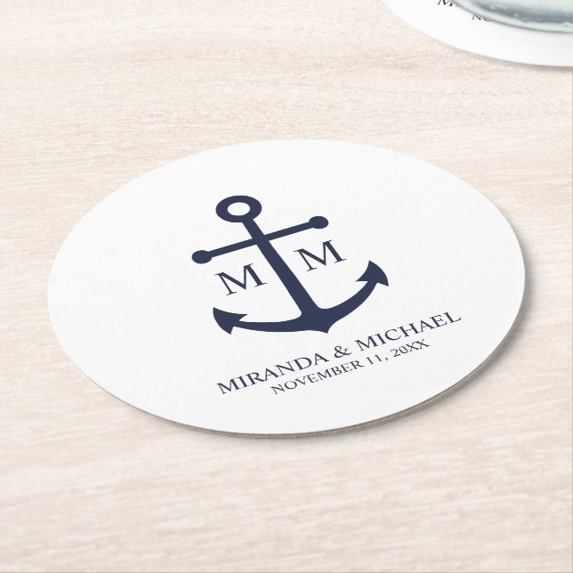 Nautical Navy Blue Anchor Wedding Round Paper Coaster (Angled)