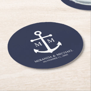 Nautical Navy Blue Anchor Wedding Round Paper Coaster
