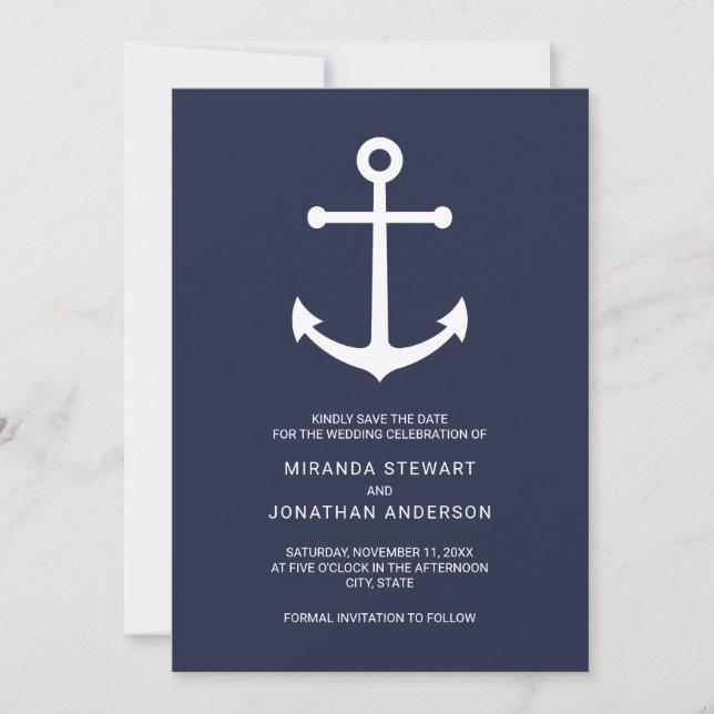 Nautical Navy Blue Anchor Wedding Save the Date (Front)