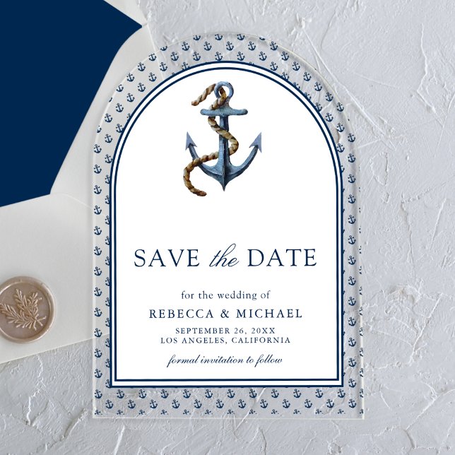Nautical Navy Blue Anchor Wedding Save the Date Acrylic Invitations (Creator Uploaded)