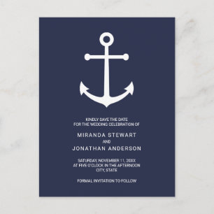 Nautical Navy Blue Anchor Wedding Save the Date Announcement Postcard