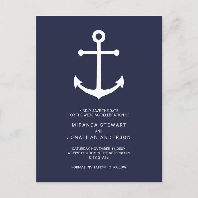 Nautical Navy Blue Anchor Wedding Save the Date Announcement Postcard (Front)