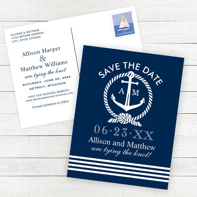 Nautical Navy Blue Anchor Wedding Save the Date Announcement Postcard (Creator Uploaded)