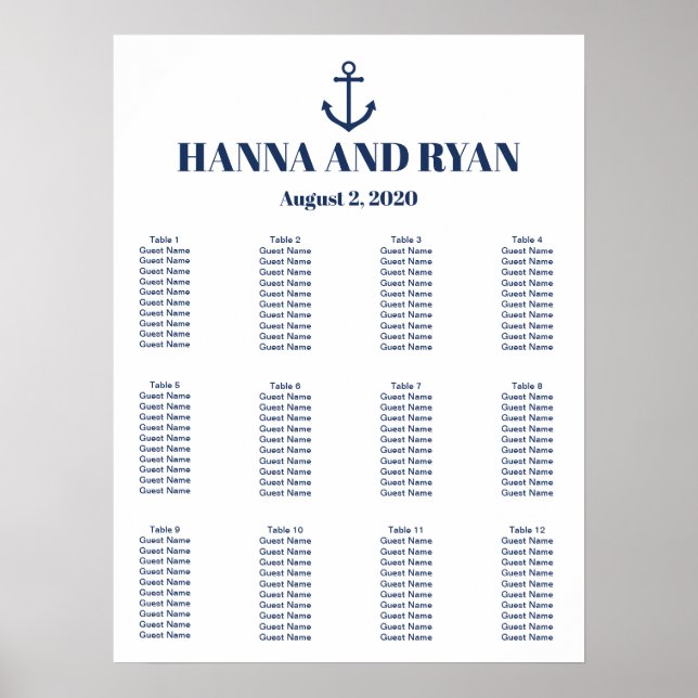 Nautical Navy Blue Anchor Wedding Seating Chart (Front)