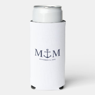 Nautical Navy Blue Anchor Wedding Seltzer Can Cooler