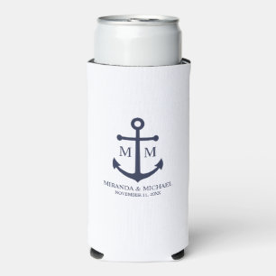 Nautical Navy Blue Anchor Wedding Seltzer Can Cooler