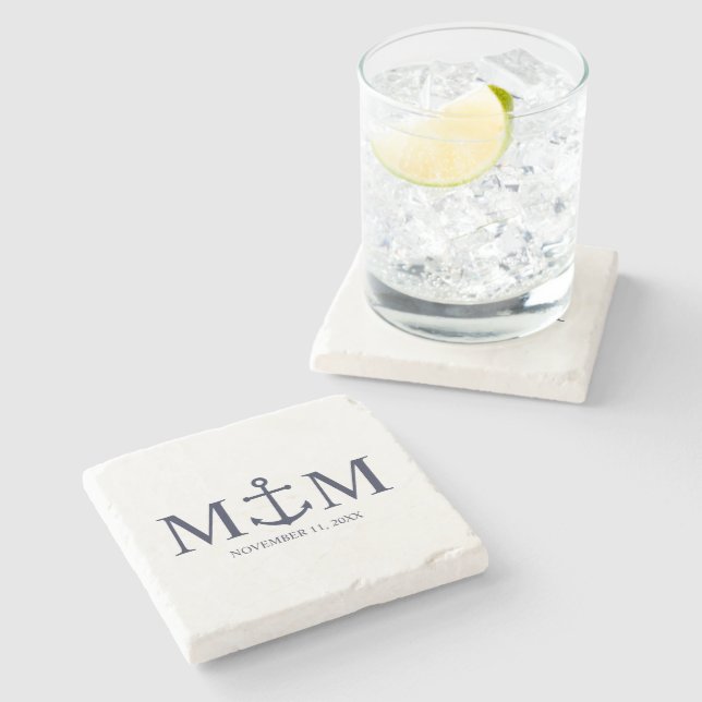 Nautical Navy Blue Anchor Wedding Stone Coaster (Side)