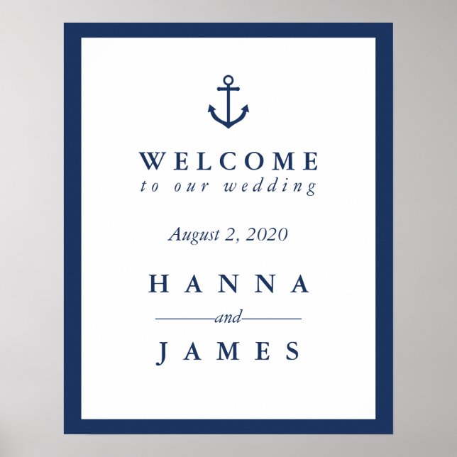 Nautical Navy Blue Anchor Wedding Welcome Sign (Front)