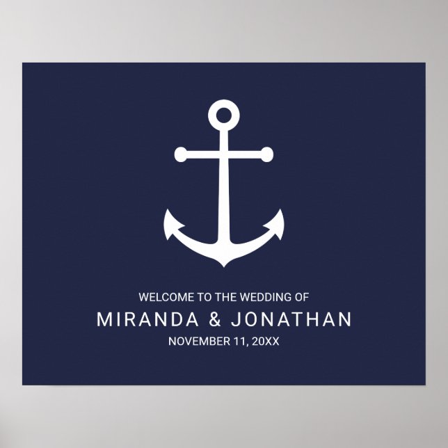 Nautical Navy Blue Anchor Wedding Welcome Sign (Front)