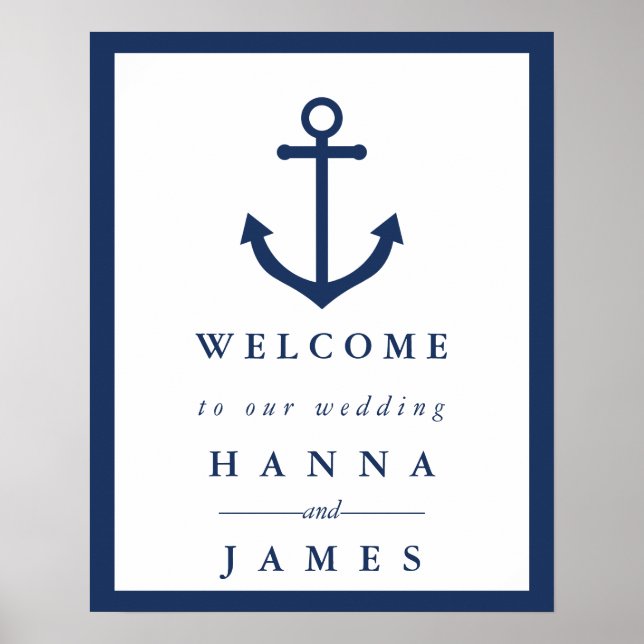 Nautical Navy Blue Anchor Wedding Welcome Sign (Front)