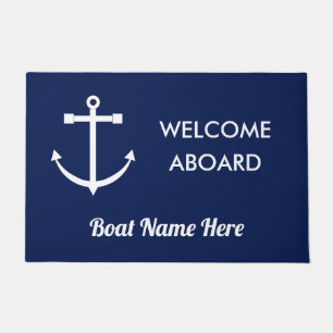 Nautical Navy Blue Anchor Welcome Aboard Boat Name Doormat