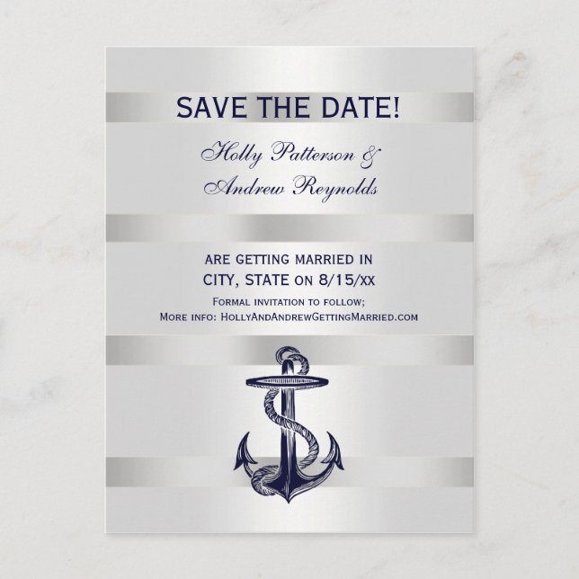 Nautical Navy Blue Anchor White BG V Save the Date Announcement Postcard (Front)