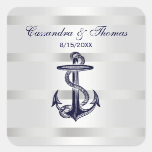 Nautical Navy Blue Anchor Wht BG SQ Envelope Seals