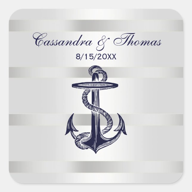 Nautical Navy Blue Anchor Wht BG SQ Envelope Seals (Front)