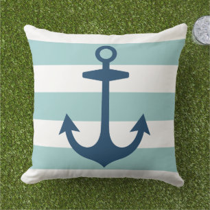 Nautical Navy Blue Anchor with Aqua Stripes Cushion