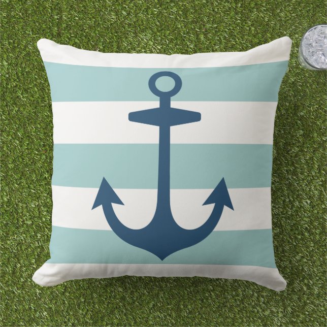 Nautical Navy Blue Anchor with Aqua Stripes Cushion (Grass)