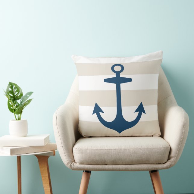 Nautical Navy Blue Anchor with Beige Stripes Cushion (Chair)