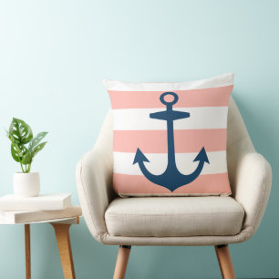 Nautical Navy Blue Anchor with Blush Pink Stripes Cushion