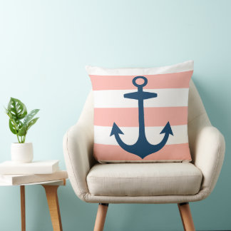 Nautical Navy Blue Anchor with Blush Pink Stripes Cushion