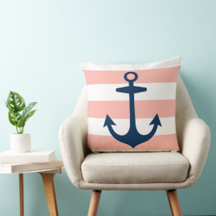 Nautical Navy Blue Anchor with Blush Stripes Cushion