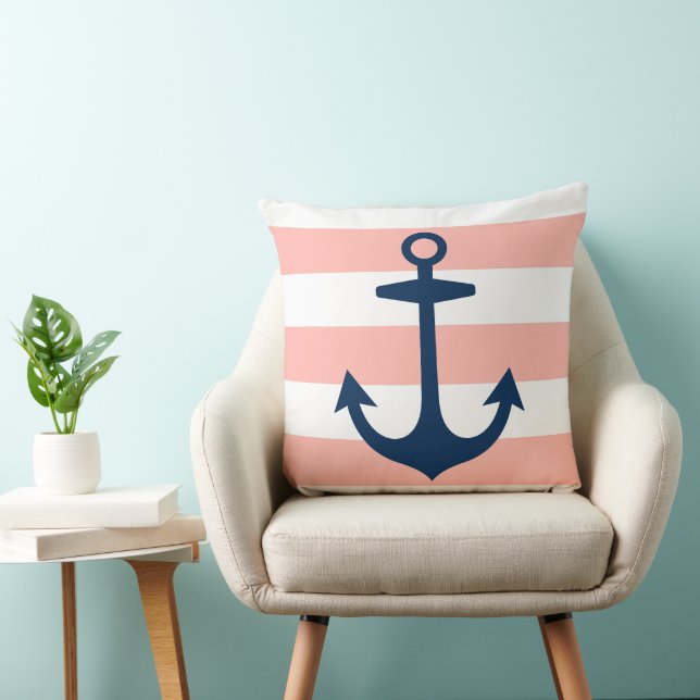 Nautical Navy Blue Anchor with Blush Stripes Cushion (Chair)