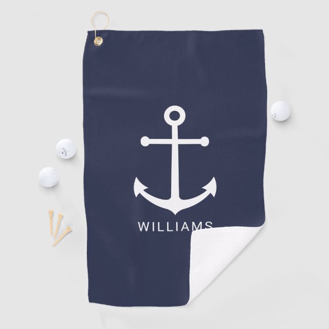 Nautical Navy Blue Anchor with Custom Name Golf Towel (InSitu)